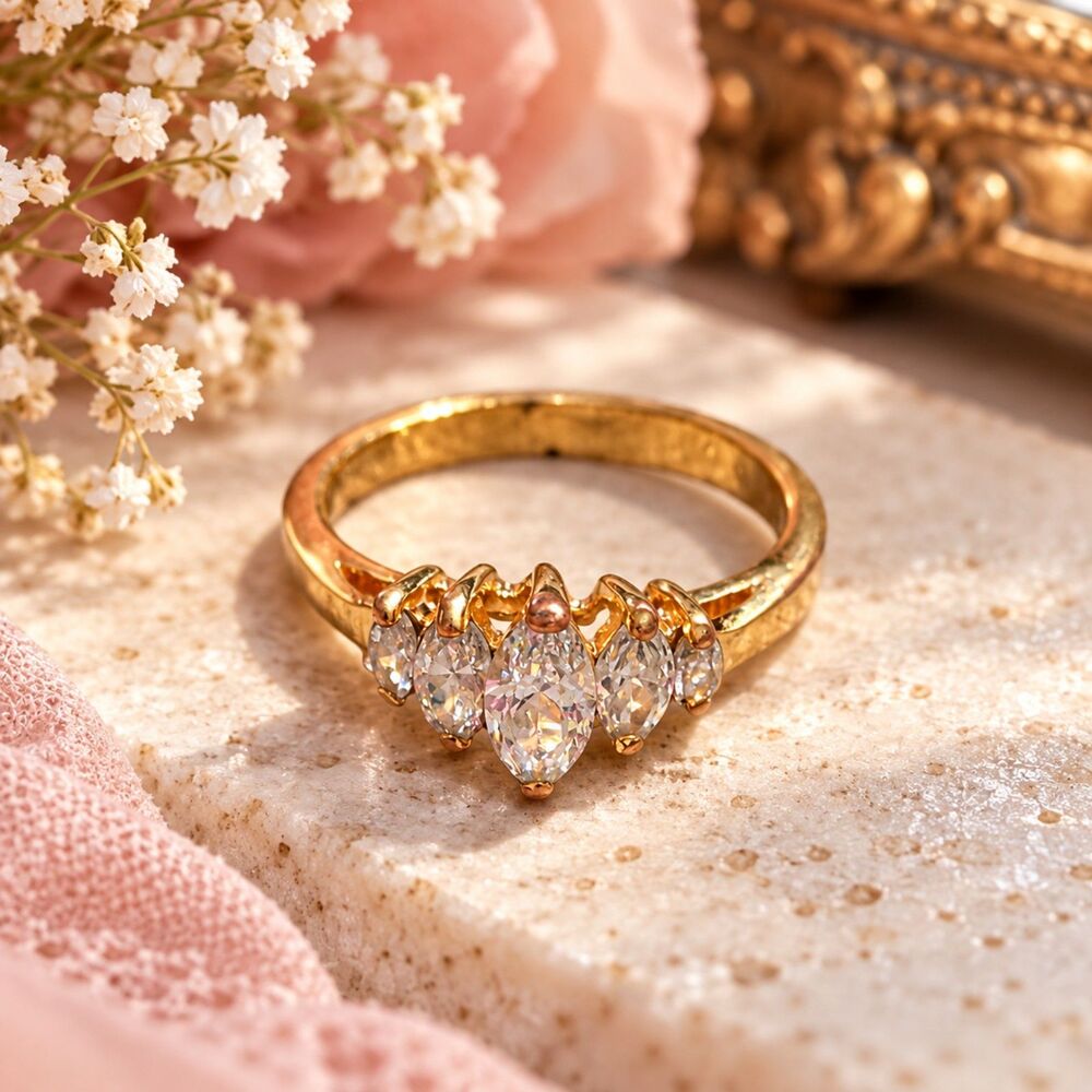 Gold Tone Marquise Rhinestone Ring Clear Crystal Cluster Vintage Style Size 8